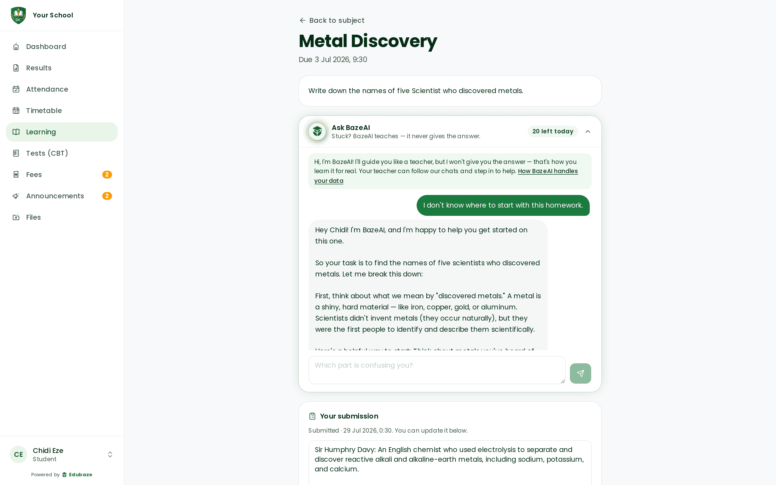 Ask BazeAI on a student assignment — the AI tutor guiding a student through homework without giving the answer