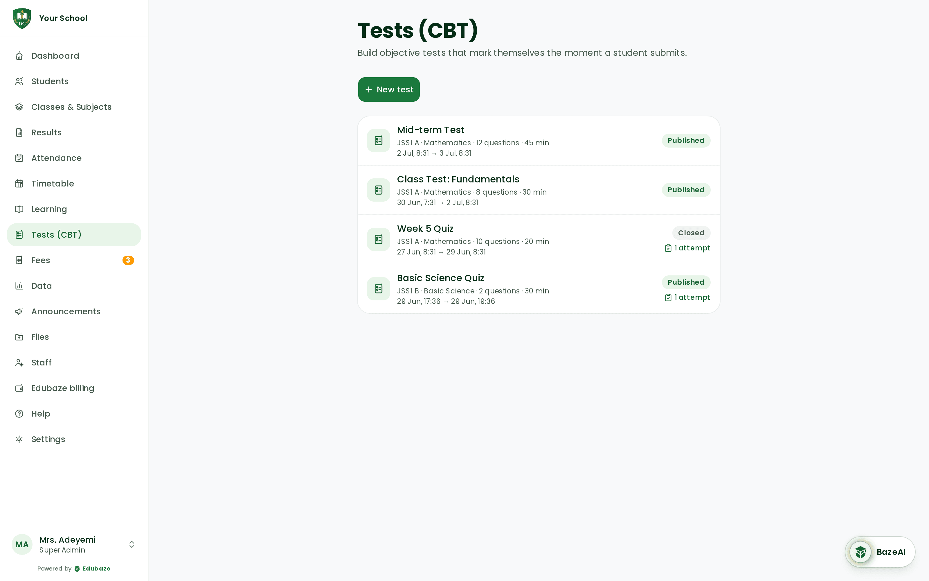 Edubaze computer-based tests — published tests with attempts