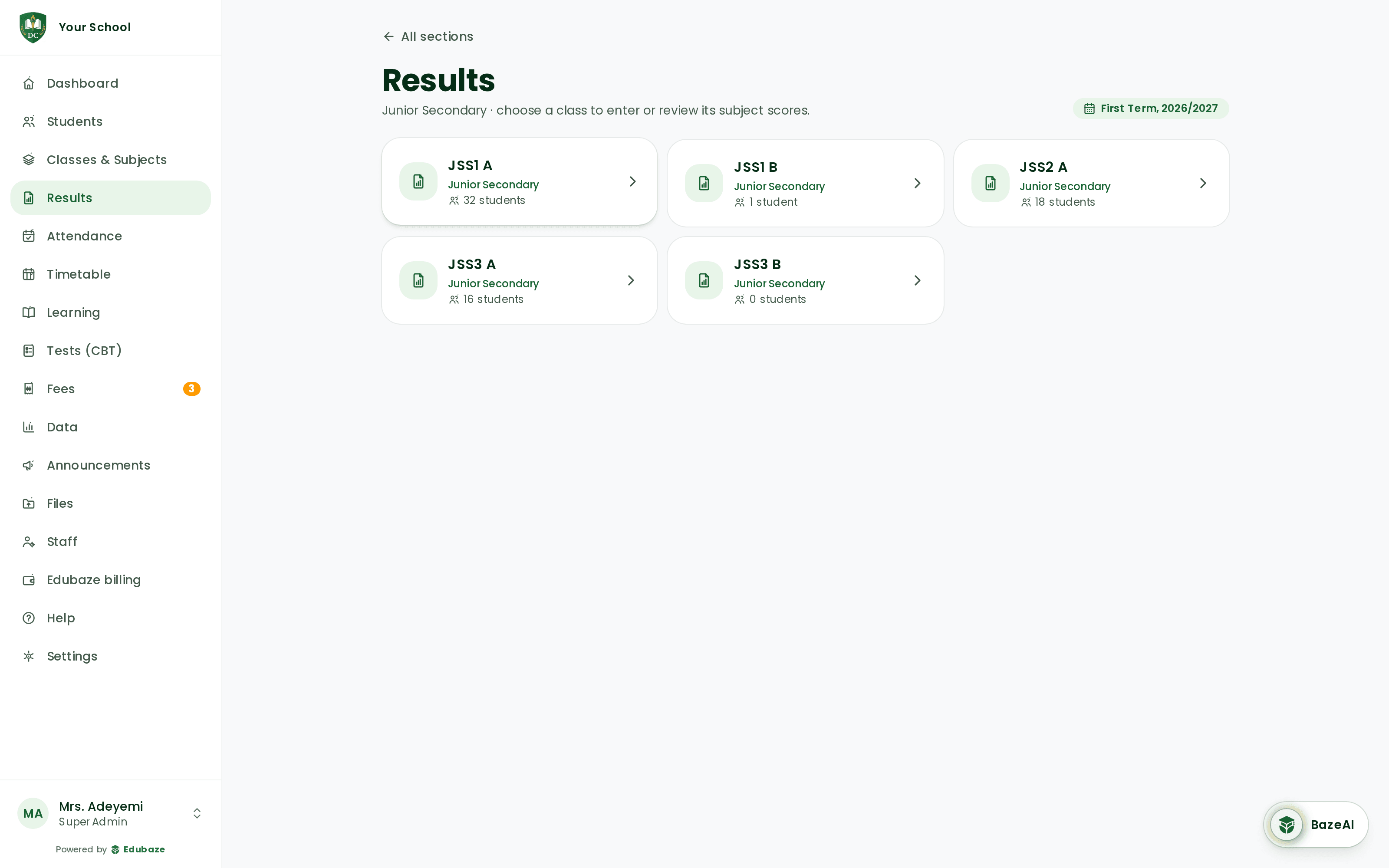 Edubaze results — JSS1 A subjects with scores entered and published